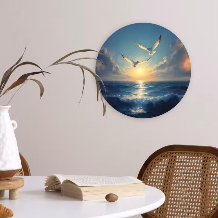 Wandcirkel - Glas - Meeuwen - Zee - Wolken -Blauw — 4