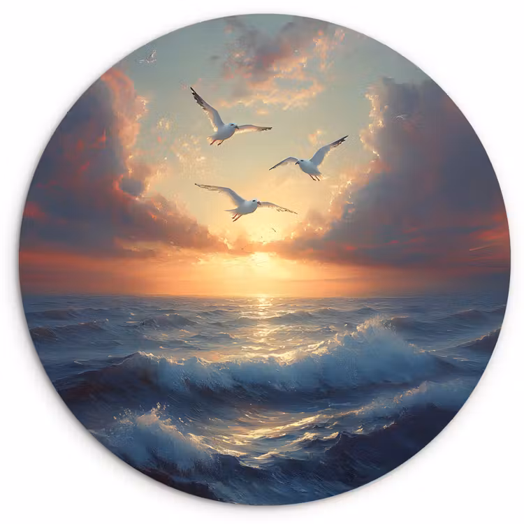Wandcirkel - Glas - Meeuwen - Zonsondergang - Zee - Wolken — 1