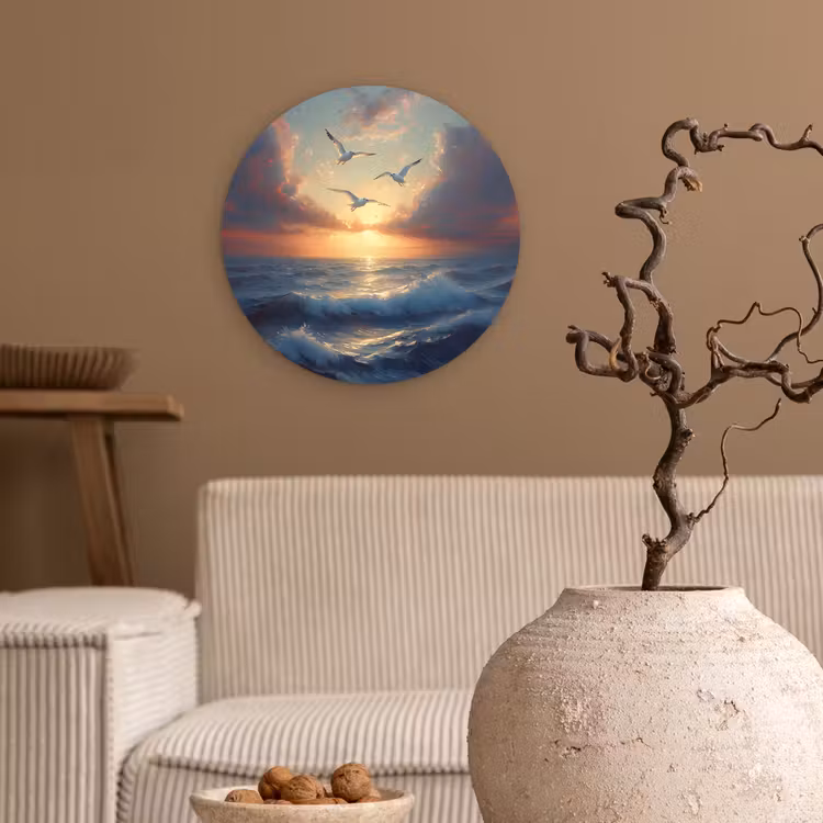 Wandcirkel - Glas - Meeuwen - Zonsondergang - Zee - Wolken — 2