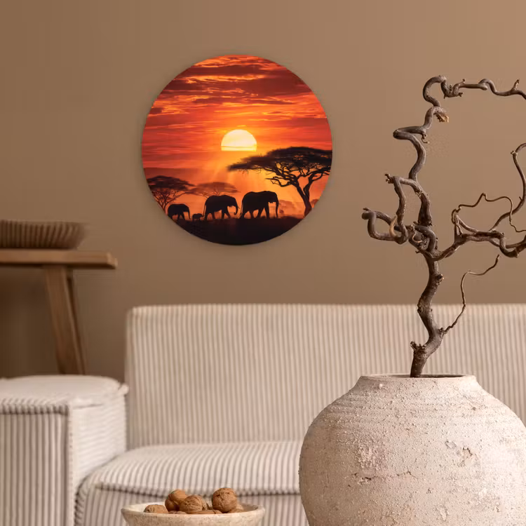 Wandcirkel - Glas - Savanne - Olifanten - Zonsondergang — 2