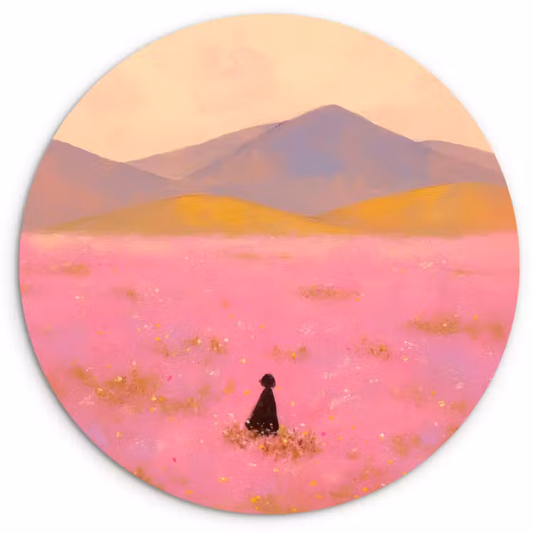 Wandcirkel - Glas - Bloemenweide - Heuvels - Silhouet - Roze — 1