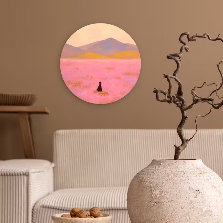 Wandcirkel - Glas - Bloemenweide - Heuvels - Silhouet - Roze — 2