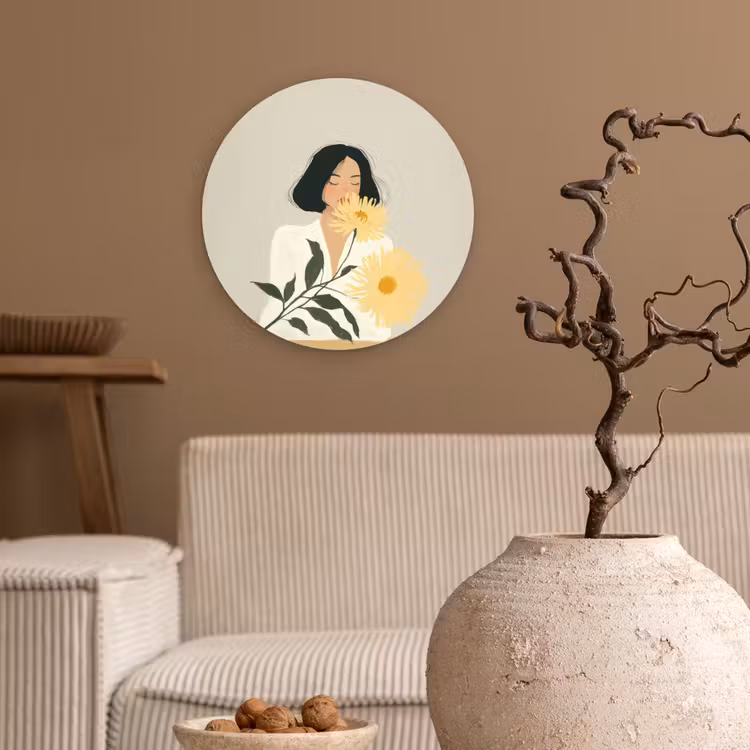 Wandcirkel - Glas - Vrouw - Bloem - Geel - Minimalistisch — 2