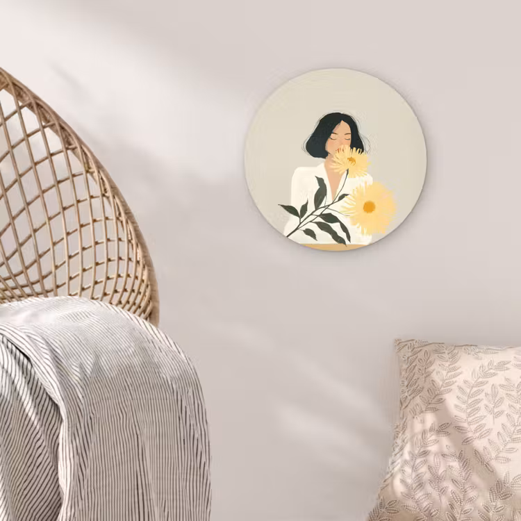 Wandcirkel - Glas - Vrouw - Bloem - Geel - Minimalistisch — 5