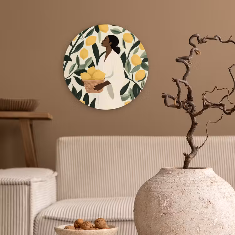 Wandcirkel - Glas - Vrouw - Mand - Citroenen - Bladeren — 2