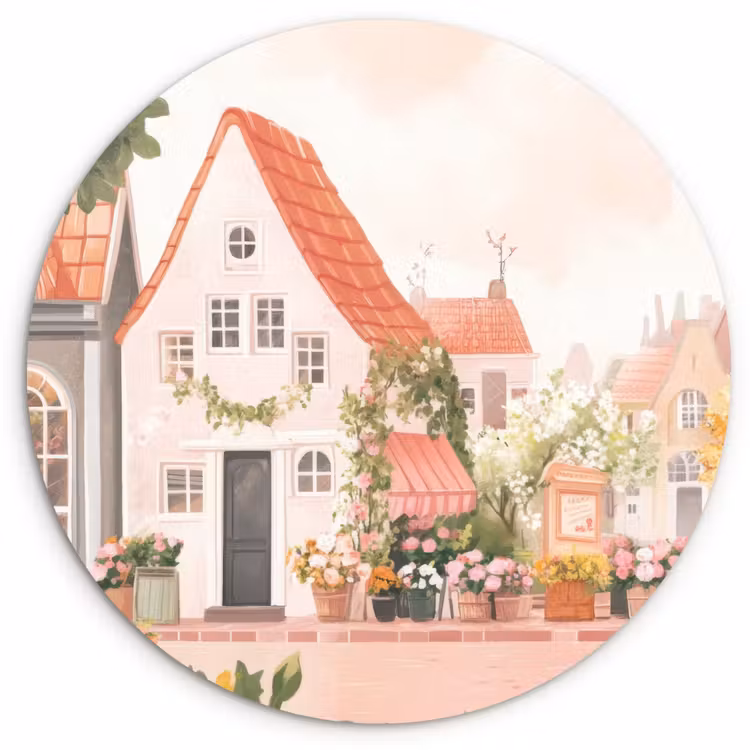 Wandcirkel - Glas - Bloemen - Huizen - Dorp — 1