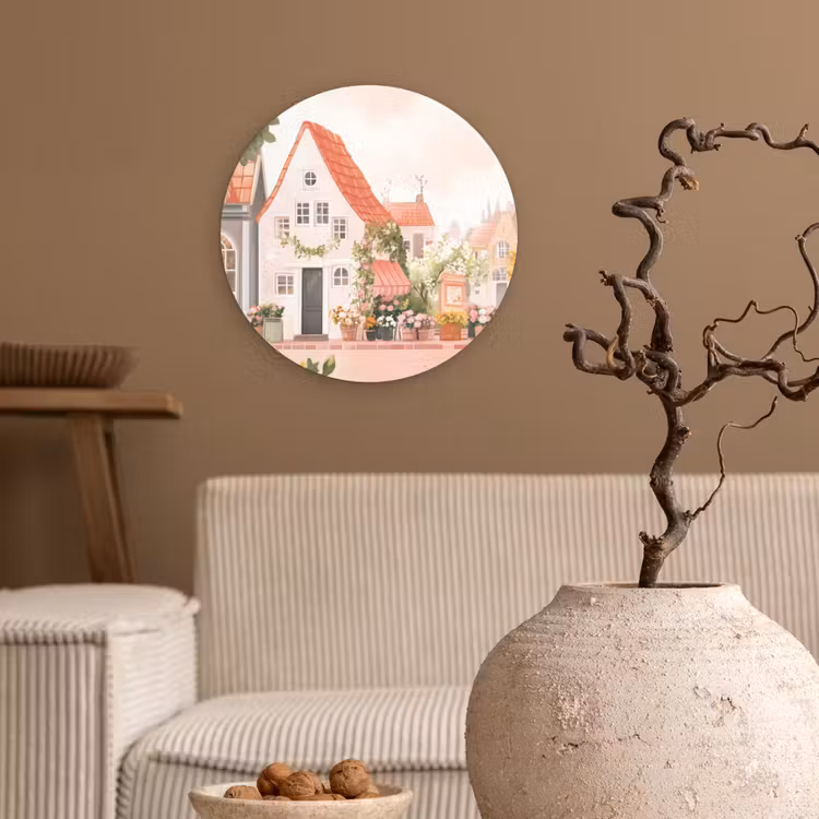 Wandcirkel - Glas - Bloemen - Huizen - Dorp — 2
