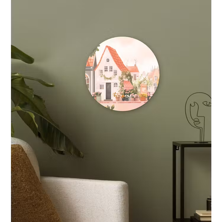 Wandcirkel - Glas - Bloemen - Huizen - Dorp — 3