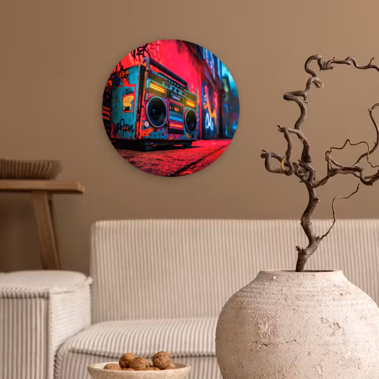 Wandcirkel - Glas - Boombox - Rood - Graffiti - Neon — 2