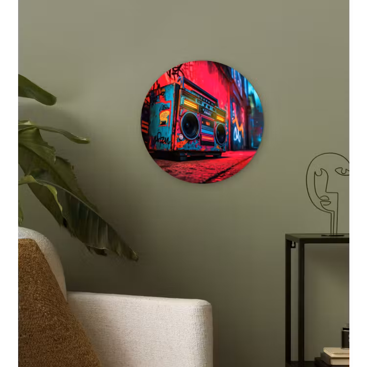 Wandcirkel - Glas - Boombox - Rood - Graffiti - Neon — 3