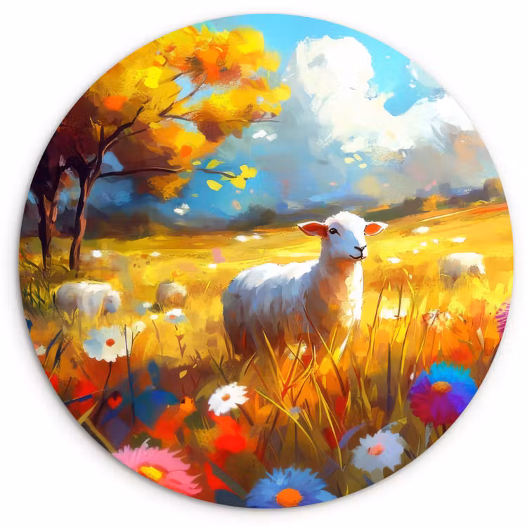 Wandcirkel - Glas - Schaap - Weide - Bloemen — 1