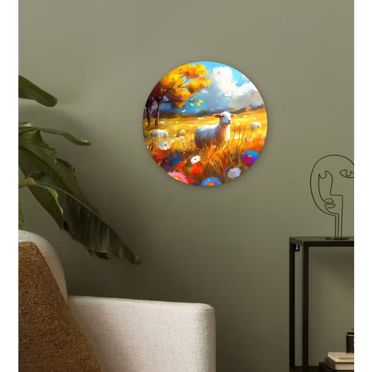 Wandcirkel - Glas - Schaap - Weide - Bloemen — 3