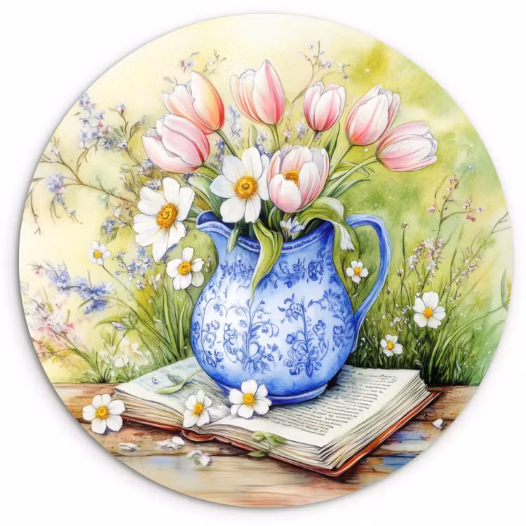 Wandcirkel - Glas - Vaas - Delftsblauw - Madeliefjes — 1