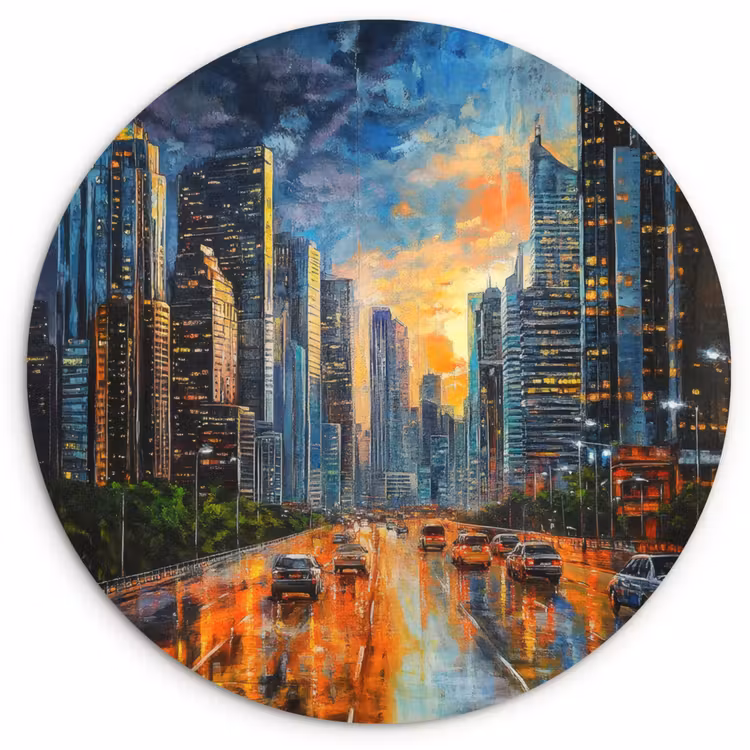 Wandcirkel - Glas - Auto - Skyline - Zon - Blauw — 1