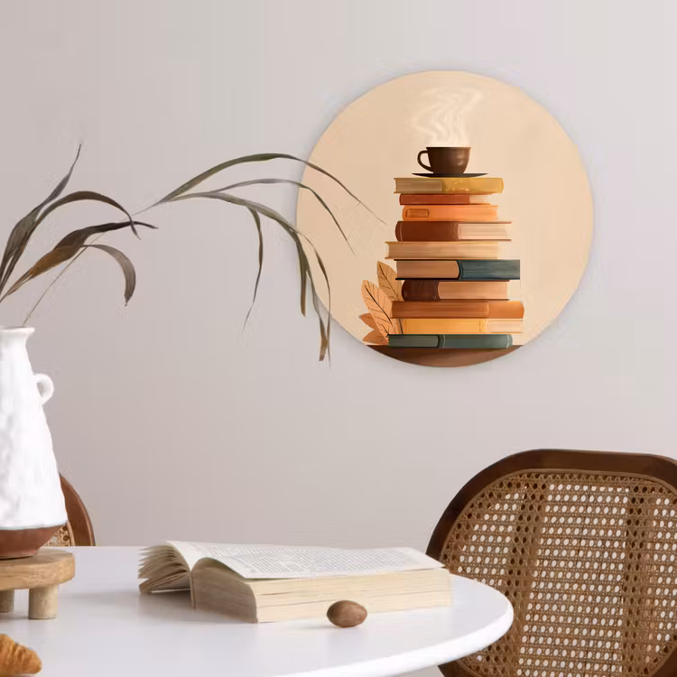 Wandcirkel - Glas - Boeken - Toren - Koffie - Beige — 4