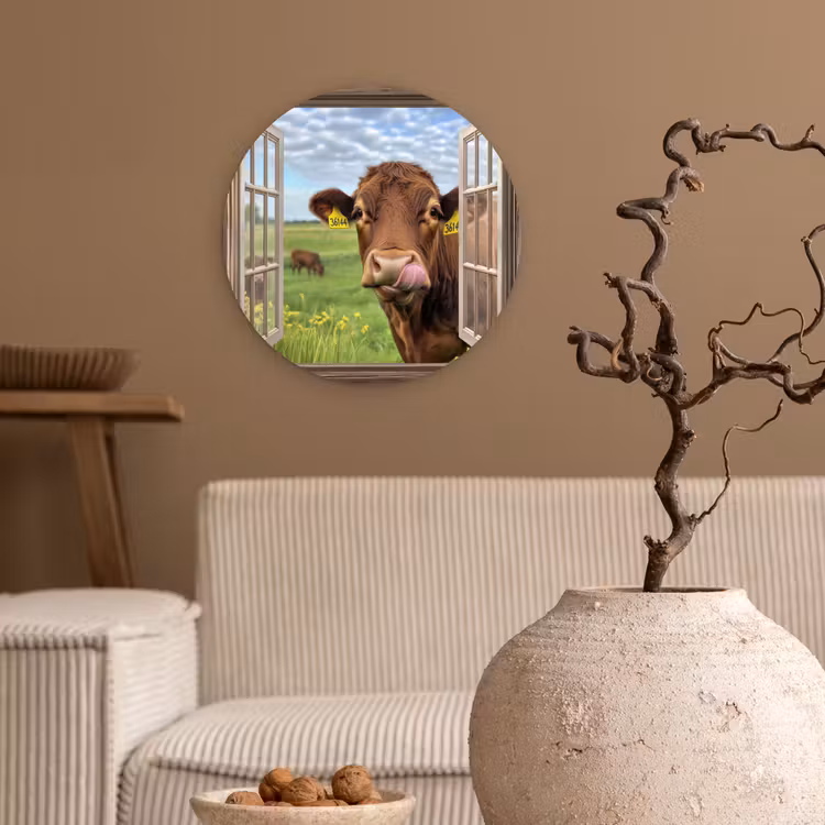 Wandcirkel - Glas - Doorkijk - Koe - Weiland - Landschap - Dieren — 2