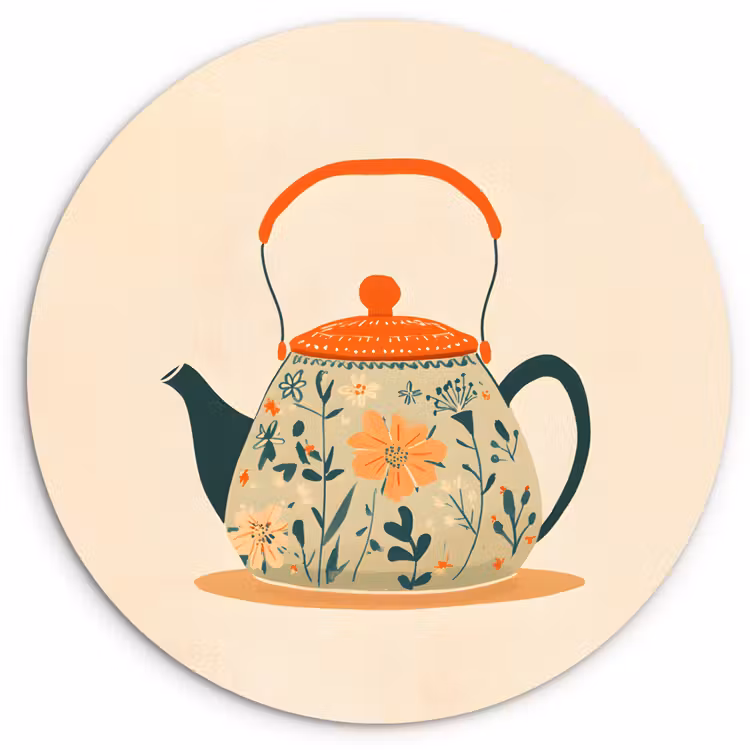 Wandcirkel - Glas - Oranje - Theepot - Bloemen - Bladeren — 1