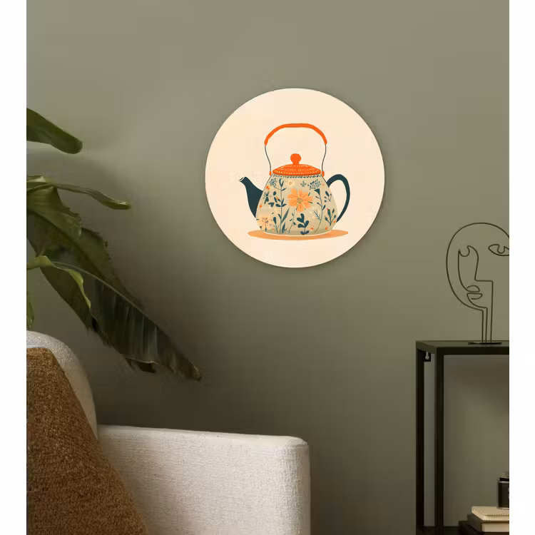 Wandcirkel - Glas - Oranje - Theepot - Bloemen - Bladeren — 3