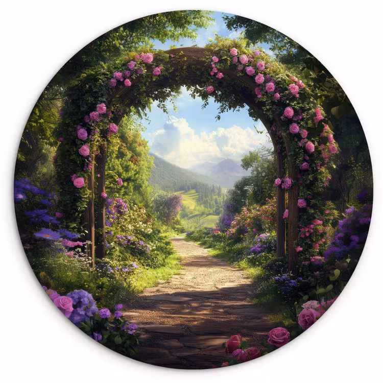 Wandcirkel - Glas - Doorkijk - Rozenboog - Uitzicht - Landschap - Bloemen — 1
