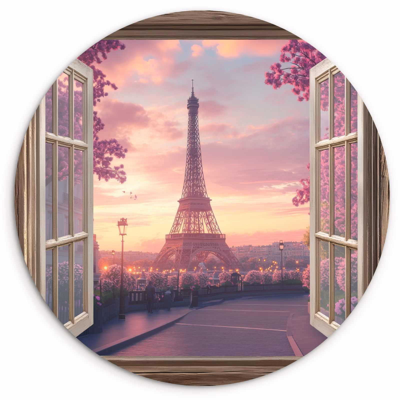 Wandcirkel - Glas - Doorkijk - Parijs - Eiffeltoren - Roze - Kersenbloesem — 1