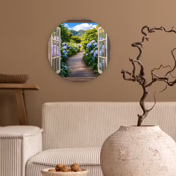 Wandcirkel - Glas - Doorkijk - Hortensia - Pad - Natuur — 2