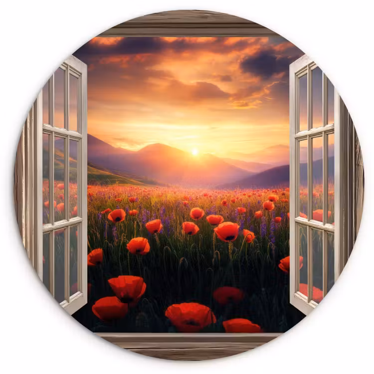 Wandcirkel - Glas - Doorkijk - Klaprozen - Bloemen - Rood - Open raam — 1