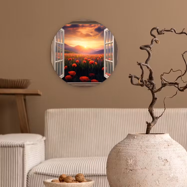 Wandcirkel - Glas - Doorkijk - Klaprozen - Bloemen - Rood - Open raam — 2