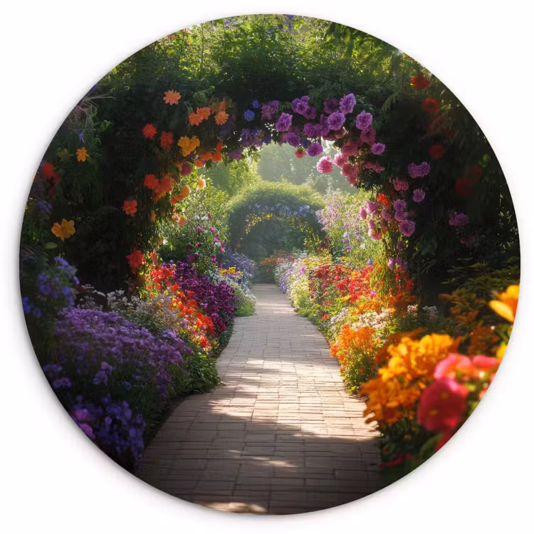 Wandcirkel - Glas - Doorkijk - Pad - Bloemen - Struik - Kleurrijk — 1