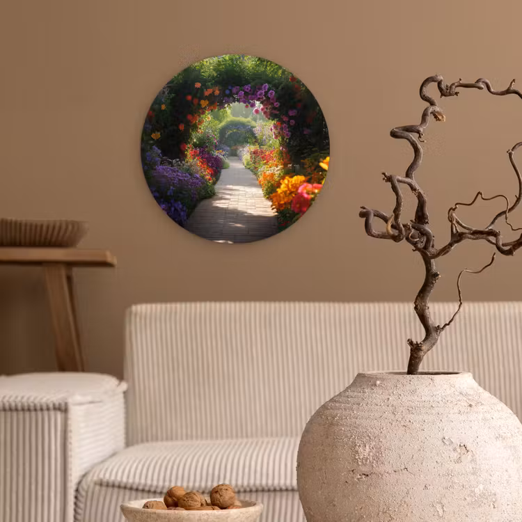 Wandcirkel - Glas - Doorkijk - Pad - Bloemen - Struik - Kleurrijk — 2