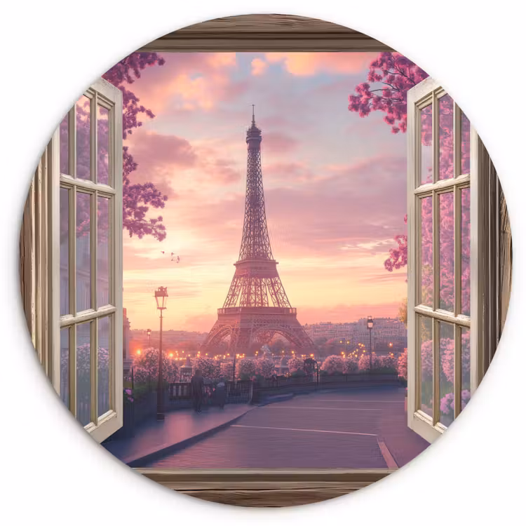 Wandcirkel - Glas - Doorkijk - Parijs - Eiffeltoren - Roze - Kersenbloesem — 1