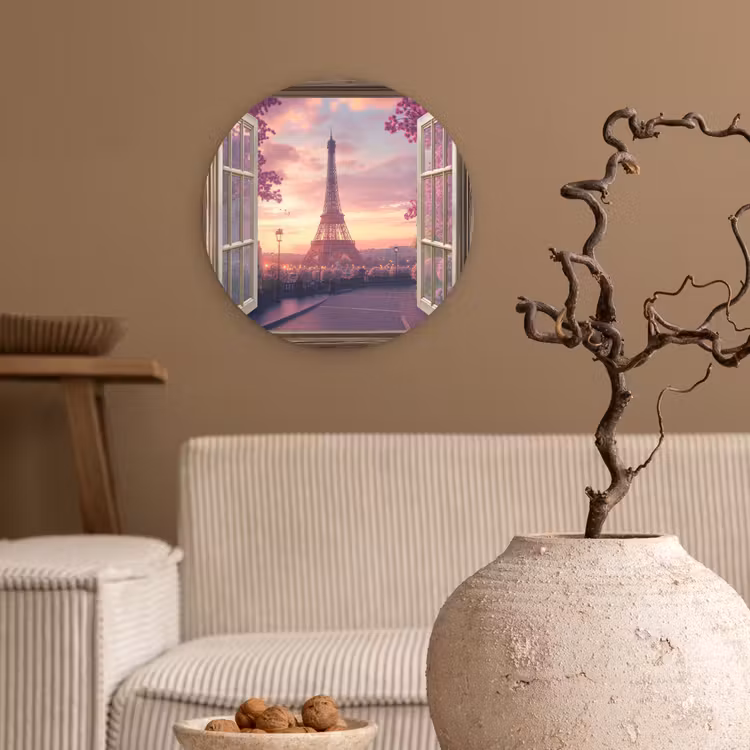 Wandcirkel - Glas - Doorkijk - Parijs - Eiffeltoren - Roze - Kersenbloesem — 2