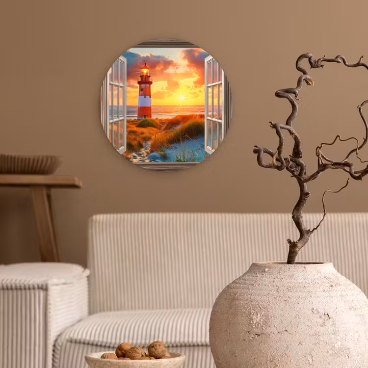 Wandcirkel - Glas - Doorkijk - Raam - Vuurtoren - Zonsondergang - Strand — 2