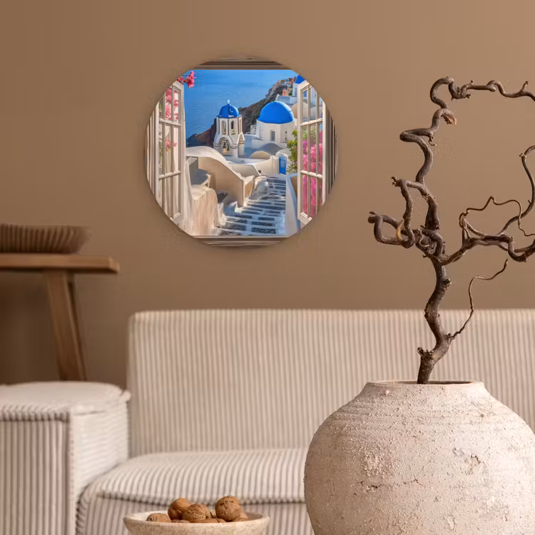 Wandcirkel - Glas - Doorkijk - Santorini - Landschap - Blauw - Grieks — 2