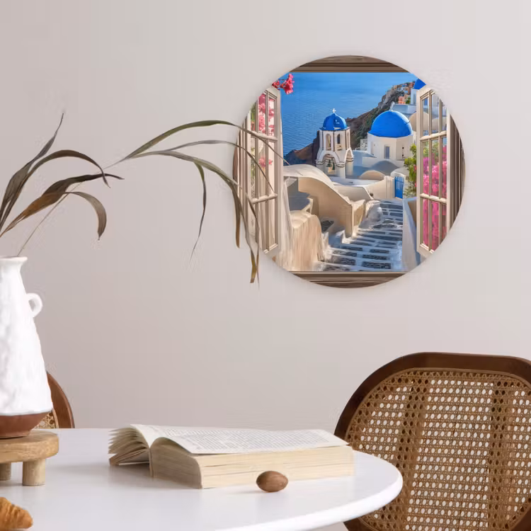Wandcirkel - Glas - Doorkijk - Santorini - Landschap - Blauw - Grieks — 4