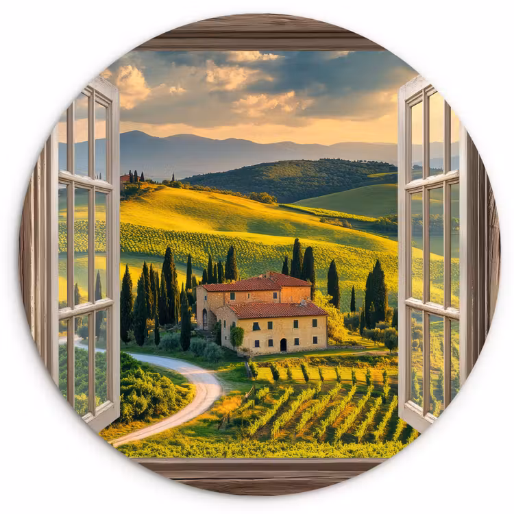 Wandcirkel - Glas - Doorkijk - Toscane - Uitzicht - Landschap - Zomer — 1