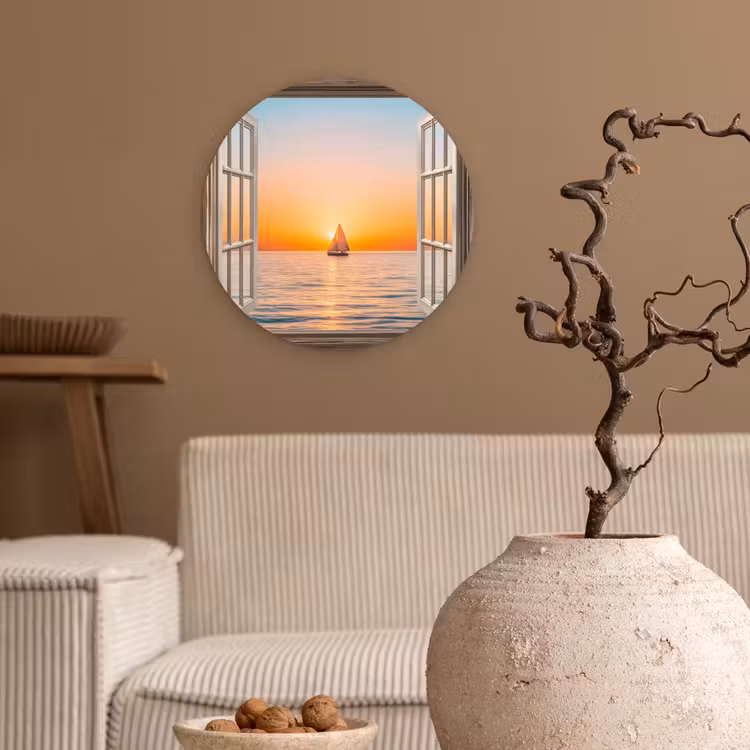 Wandcirkel - Glas - Doorkijk - Zee - Boot - Zonsondergang — 2