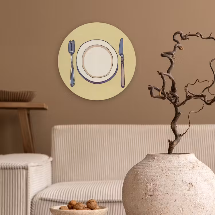 Wandcirkel - Glas - Illustratie - Bord - Bestek - Beige — 2