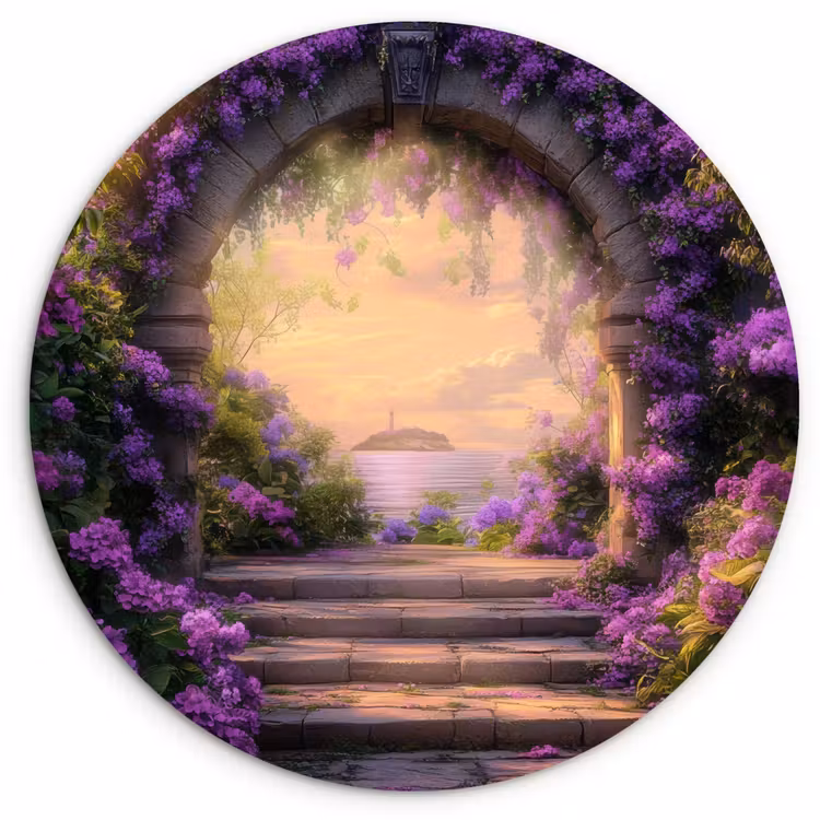 Wandcirkel - Glas - Poort - Paars - Bloemen — 1