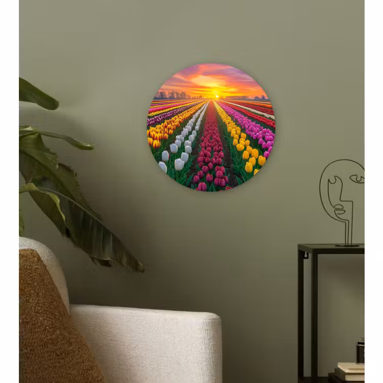 Wandcirkel - Glas - Tulpenveld - Zonsondergang - Kleurrijk — 3