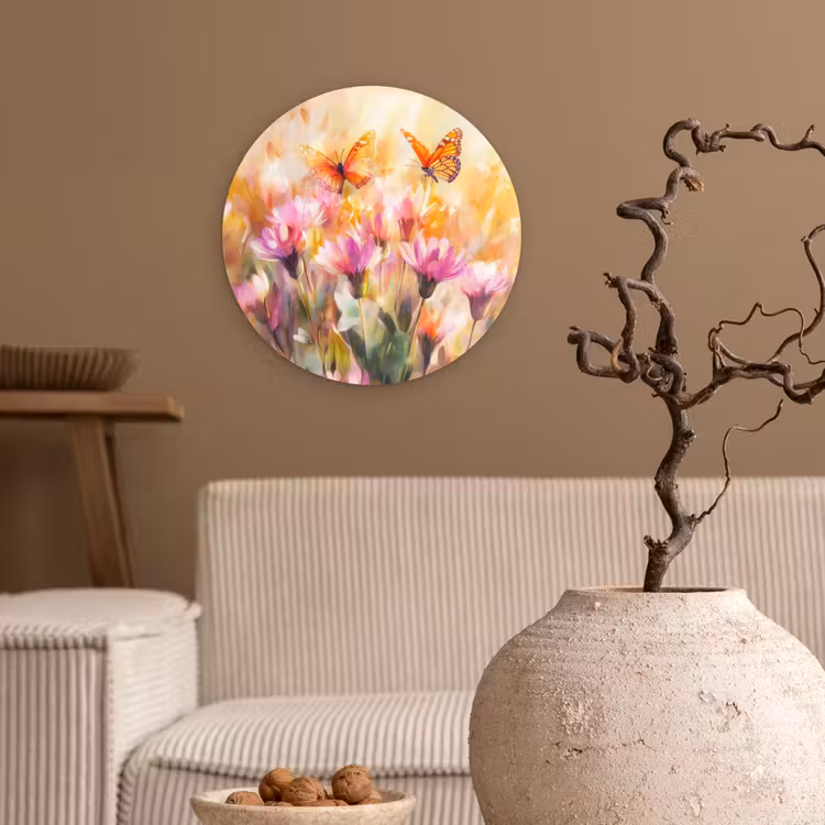 Wandcirkel - Glas - Vlinders - Oranje - Bloemen — 2
