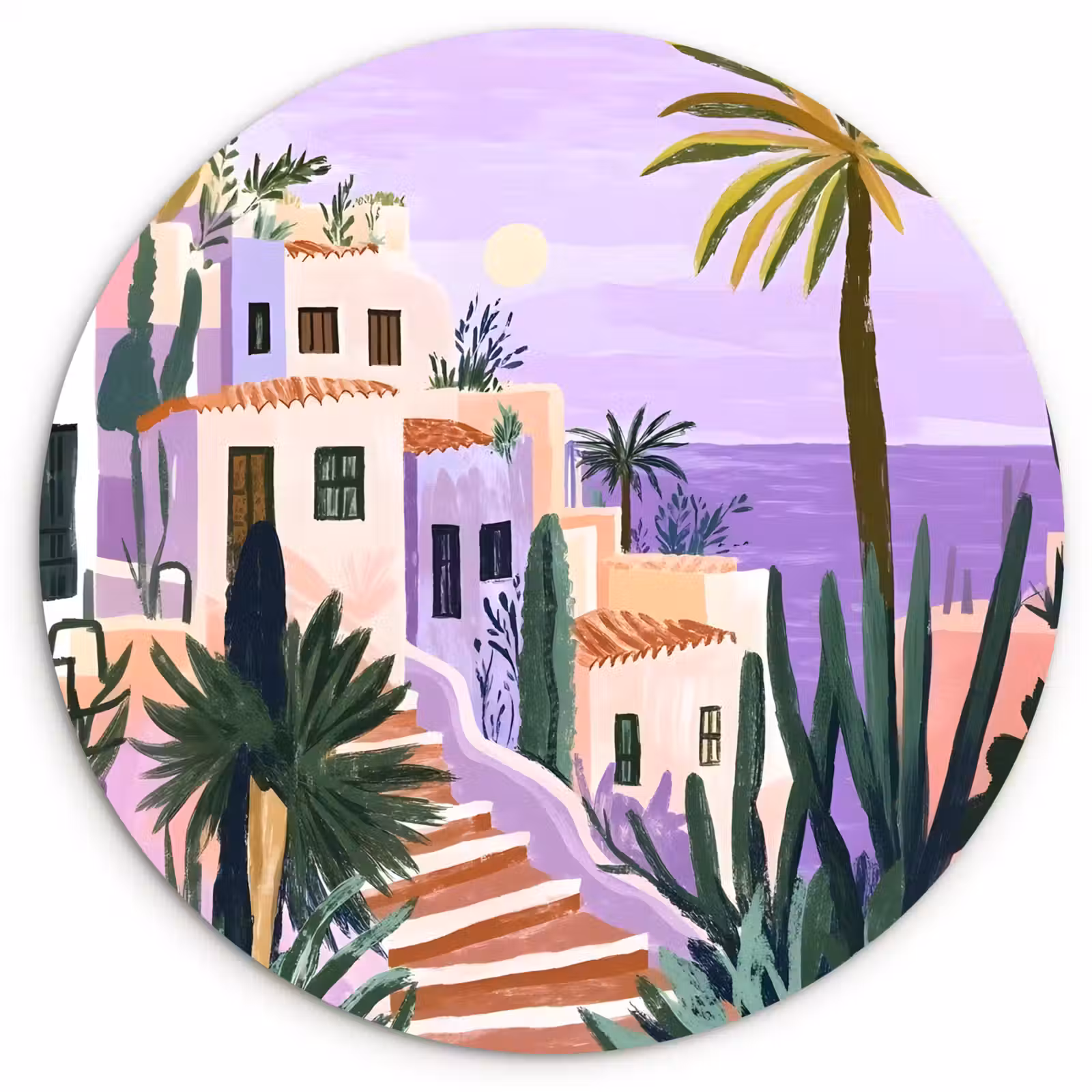 Wandcirkel - Glas - Huizen - Minimalistisch - Palmbomen - Kust — 1