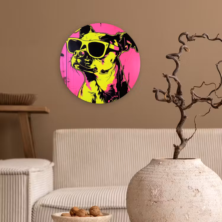 Wandcirkel - Glas - Hond - Zonnebril - Roze - Art — 2