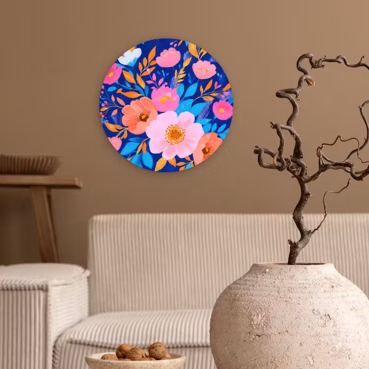 Wandcirkel - Glas - Bloemen - Blauw - Roze — 2