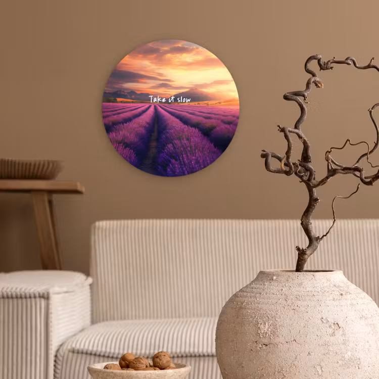 Wandcirkel - Glas - Lavendelveld - Quote - Zonsondergang — 2