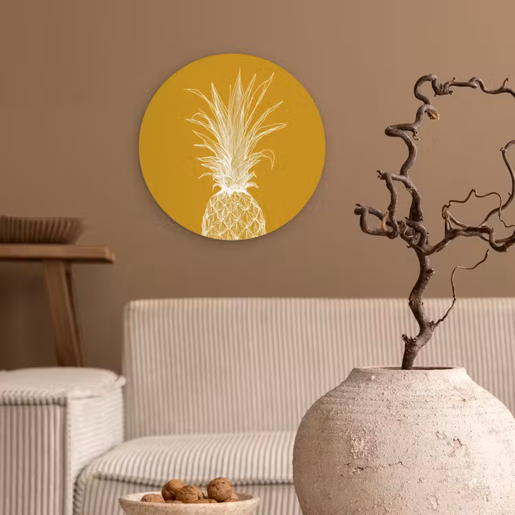 Wandcirkel - Glas - Lijnillustratie - Ananas - Bladkroon - Okergeel — 2