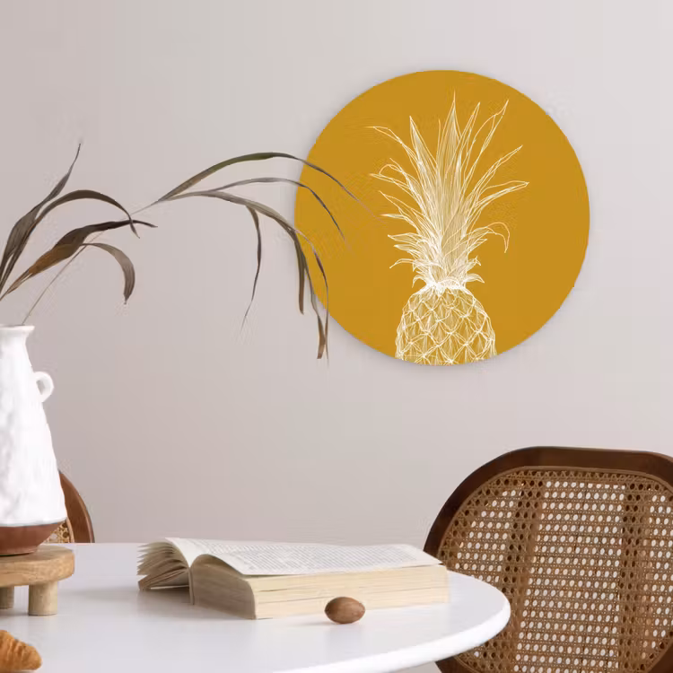 Wandcirkel - Glas - Lijnillustratie - Ananas - Bladkroon - Okergeel — 4