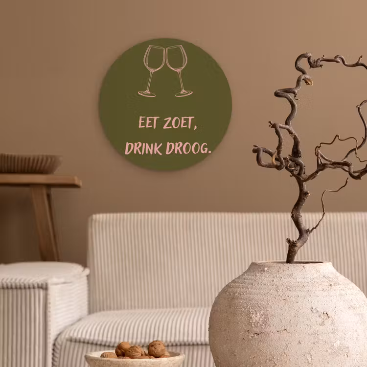Wandcirkel - Glas - Roze - Groen - Wijn - Quote — 2