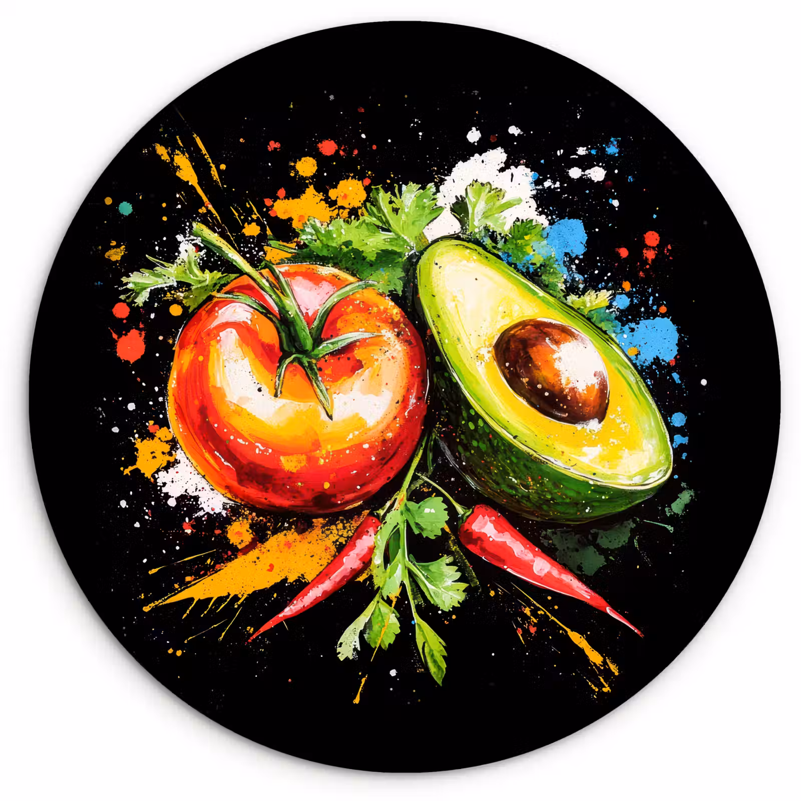 Wandcirkel - Glas - Tomaat - Avocado - Peper - Graffiti - Verf - Modern — 1