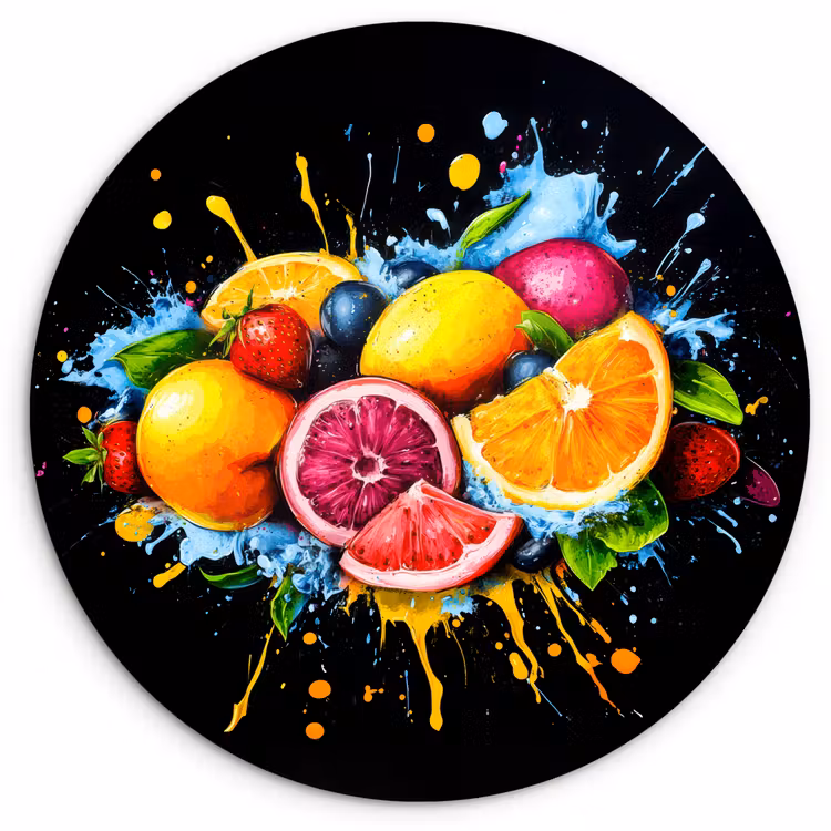 Wandcirkel - Glas - Fruit - Graffiti - Kleurrijk - Sinaasappel - Aardbei - Abstract — 1