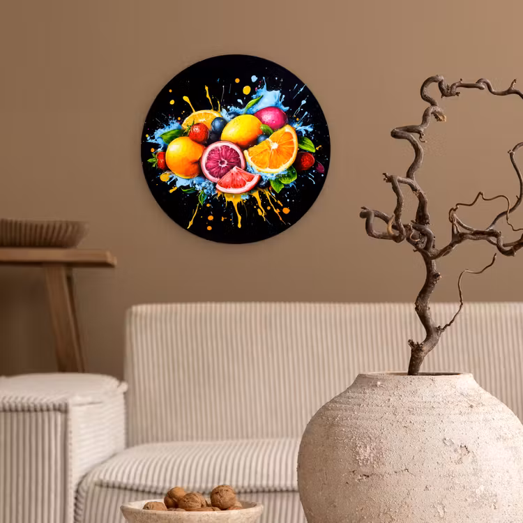 Wandcirkel - Glas - Fruit - Graffiti - Kleurrijk - Sinaasappel - Aardbei - Abstract — 2